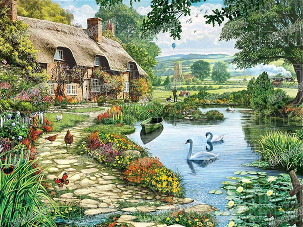 Landschaft Grünen Baum Haus Kreuz-Stich Stickerei Komplette Kit Hobby Handarbeiten Handarbeit Malerei Für Erwachsene Promotions Zahnseide – Detail 14