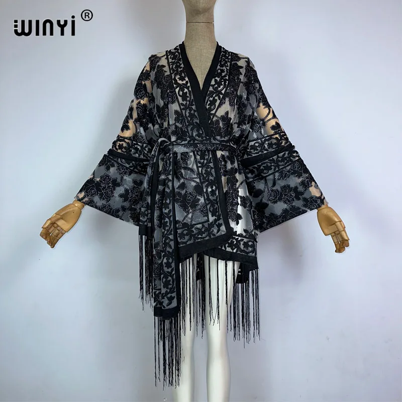 

Пляжная одежда WINYI, Женский богемный прозрачный кардиган с кисточками, Африканский кардиган, верхняя одежда для женщин, летнее элегантное кимоно
