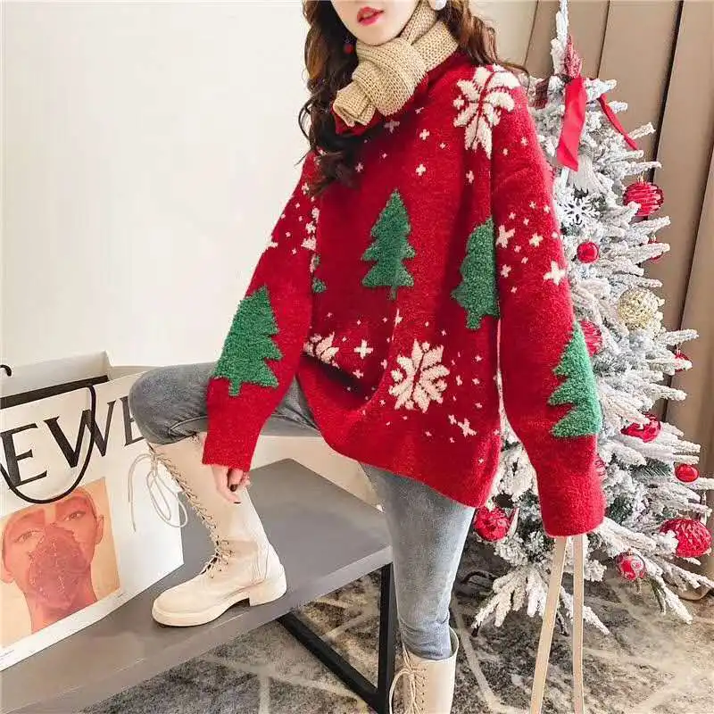 

New year Christmas Tree Gift High Street Vest Pullover High Collar Sweater Women's Sweater Women Girl Pull Slim Top Cloth Shirt