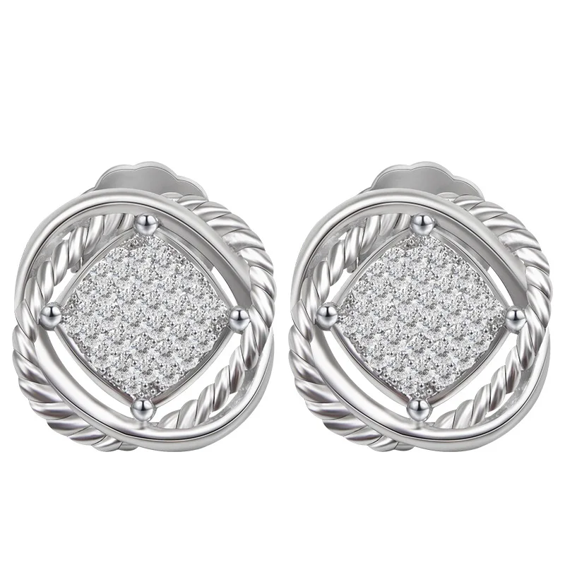 Fashionable European and American square earrings with zircon button thread inlay