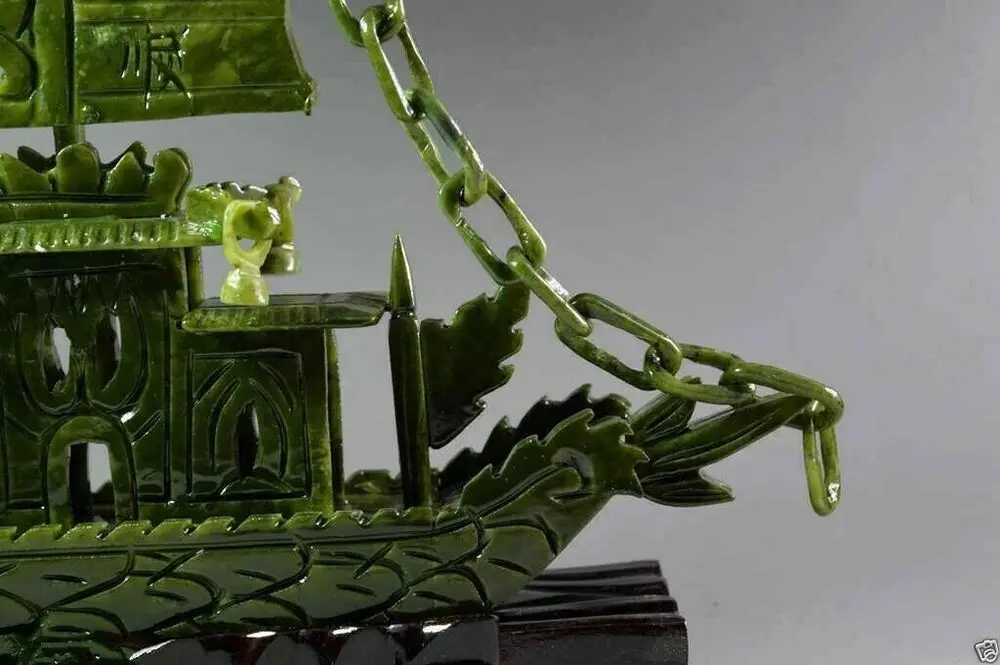 10.6" China Hand Hollow Carved 100% Natural Jade Dragon statue Dragon Boat 5