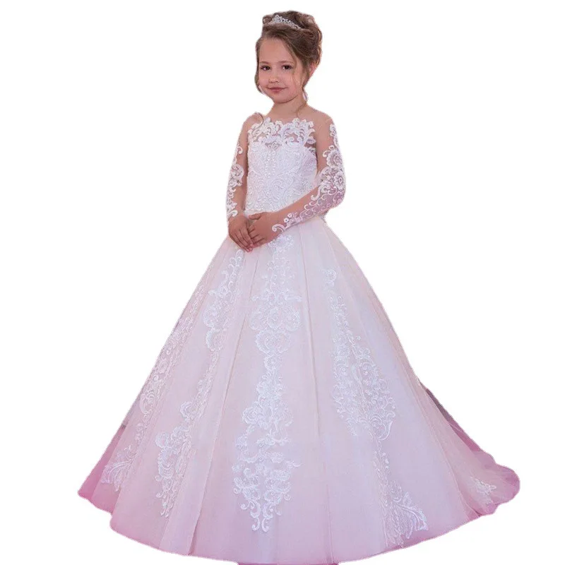 Children's Wedding Long Sleeved Trailing Lace Female Birthday Performance Long Fluffy Princess Flower Girl Dresses