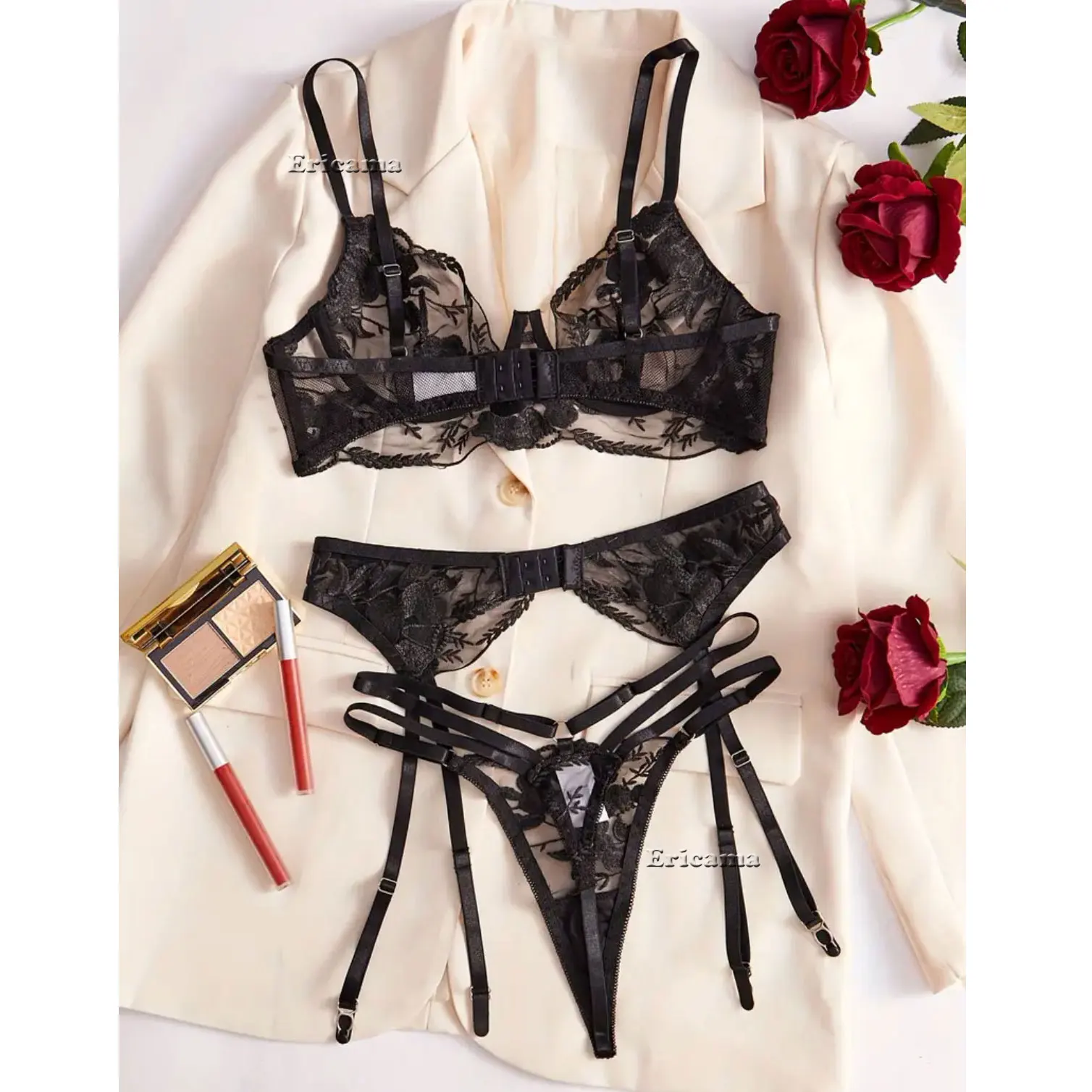 Transparent Lace Bra Set Women Sheer Temptation Exotic Sexy Lingerie Set Ladies Flroal Black Bra Underwear Set