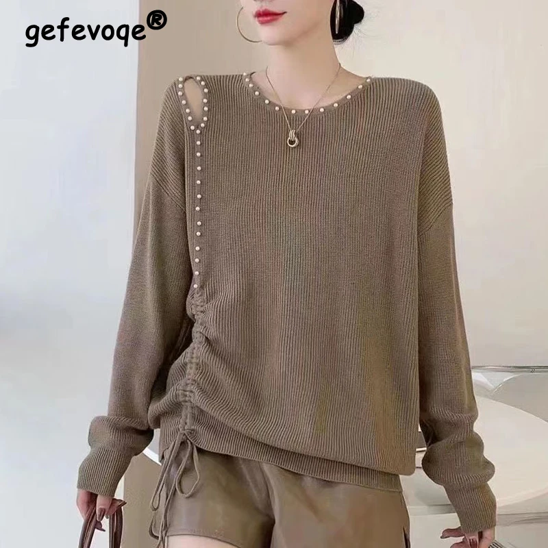 

Women Sexy Hollow Lace Up Beaded Chic Knitted Sweater Autumn Winter Trendy Long Sleeve Loose Pullover Tops Solid Elegant Jumpers