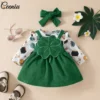 Ceeniu My First St Patricks Day Baby Costume Allover Print Romper+Green Clover Corduroy Dress For Girls Spring Baby Outfit Sets 1