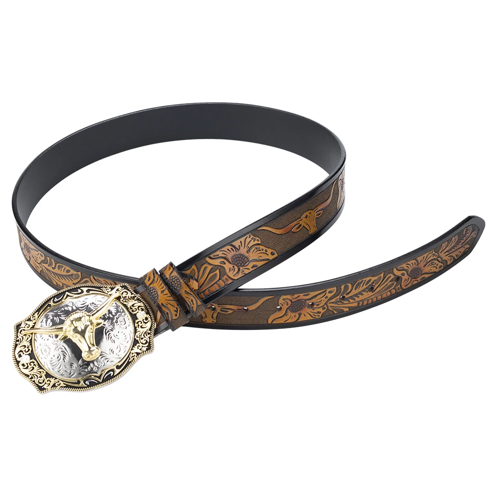 KorhLeoh Cintura con fibbia da cowboy in pelle occidentale per uomo Donna Jeans con cintura con fibbia a cavallo floreale incisa Texas (vita 69-104 cm