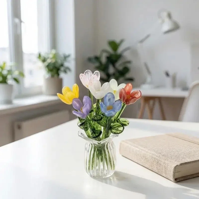 Mini-Glasblumen mit Vase, lebensechter Blumenstrauß, handgefertigte Simulationsblumenskulptur für Zuhause, Desktop-Dekoration, Geschenk – Detail 7