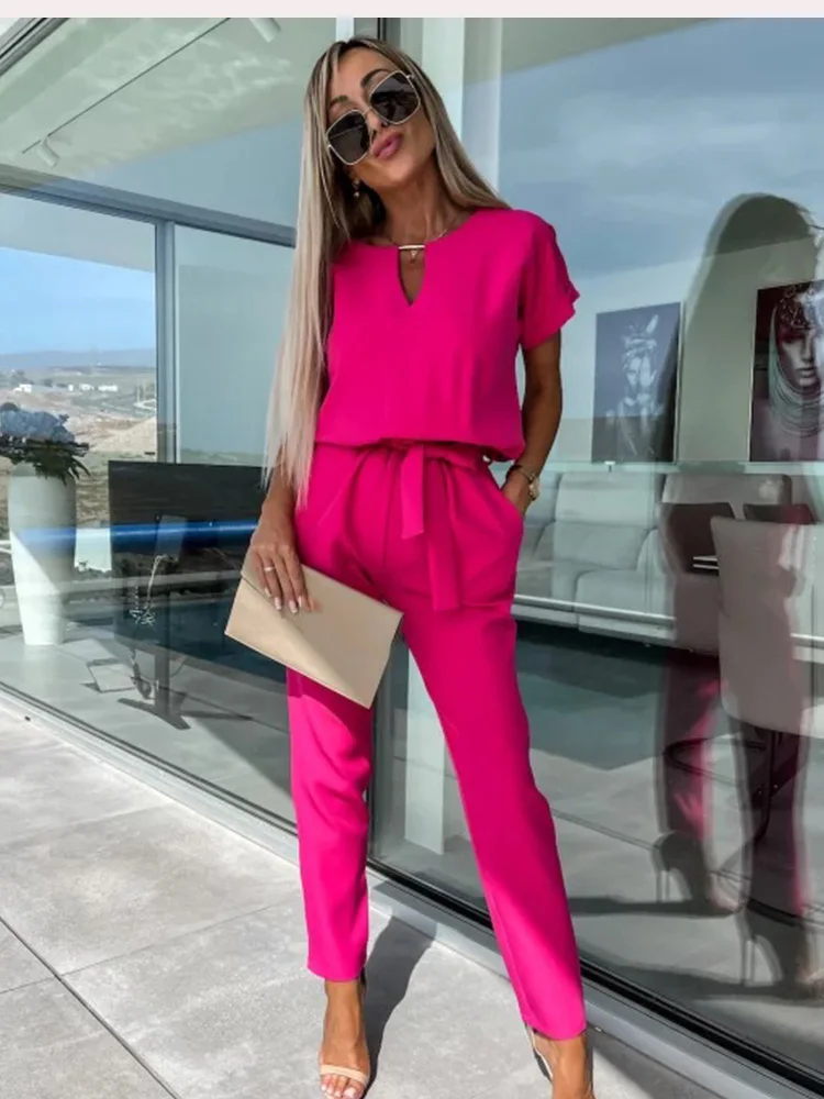 Summer Elegant Women Jumpsuit V-neck Fashion Short Sleeve Elastic Waist Belt Slant Pocket Casual Pants Romper Simple Jumpsuits