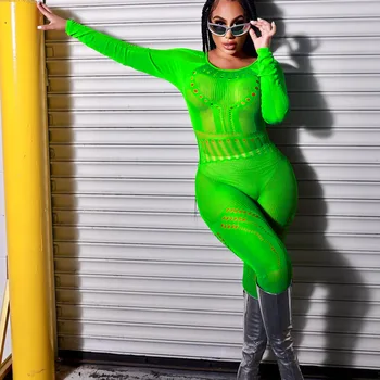 Neon Color Hollow Out Jumpsuits Wman See Through Long Sleeve Skinny Rompers Night Club Party Sexy Sheer Mesh One Piece Overalls