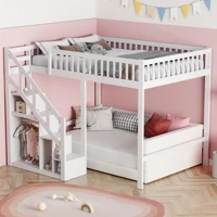 Lit superposé 140x200cm, lit enfant 90x200cm pour 2 enfants, lit cabane avec sommier à lattes et armoire de rangement, lit maison 6