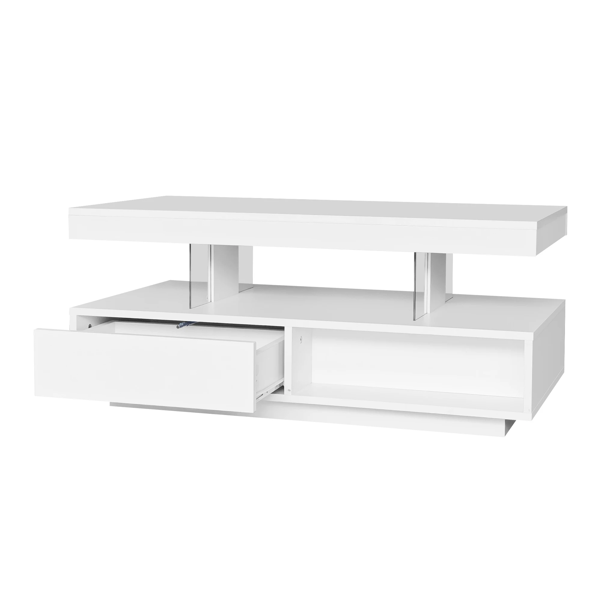Weißer Hochglanz-Couchtisch 95 x 50 x 42,5 cm – mit 4 Glasböden, 2 Schubladen und 2 offenen Fächern, Wohnzimmerschrank – Detail 26