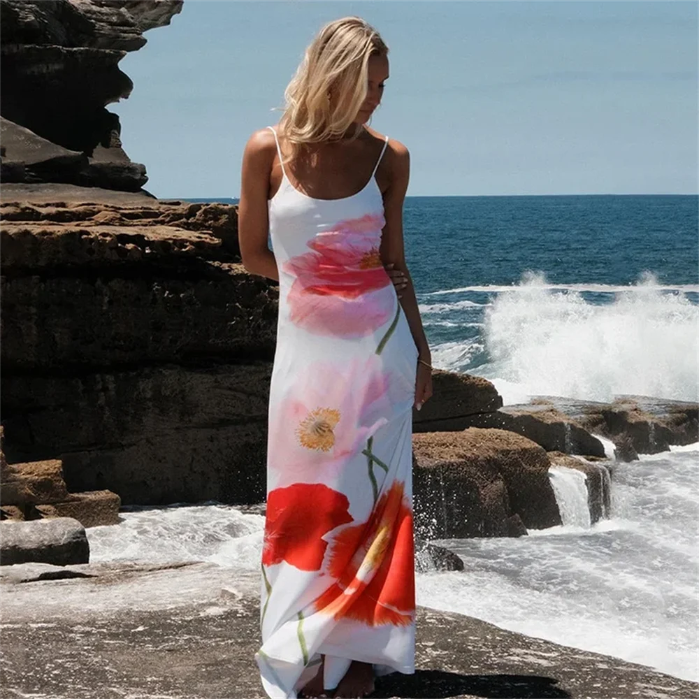 

PB&ZA 2024 Spring New Women's Fashion Slim Fit Temperament Hanging Strap Printed Off Back Dress