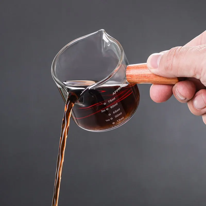 Wood Handle Glass Espresso Measuring Cup Double Single Mouth Milk Jug Heat-resisting Coffee Shot Glass Scale Measure Mugs measuring cup coffee extraction cup