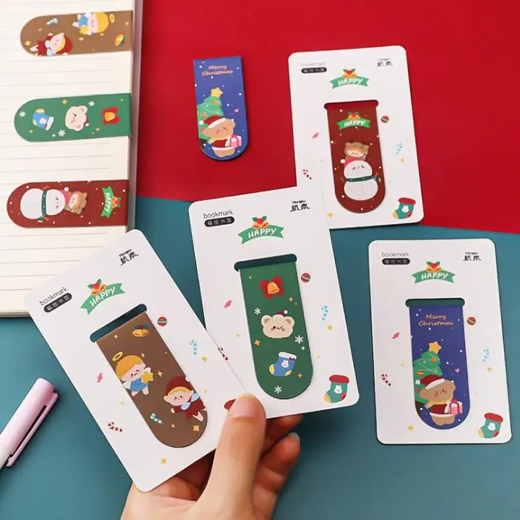 

60 pcs/lot Cartoon Christmas Bear Magnet Bookmark Cute Paper Clip Book Mark For Books School Office Supplies Stationery gift