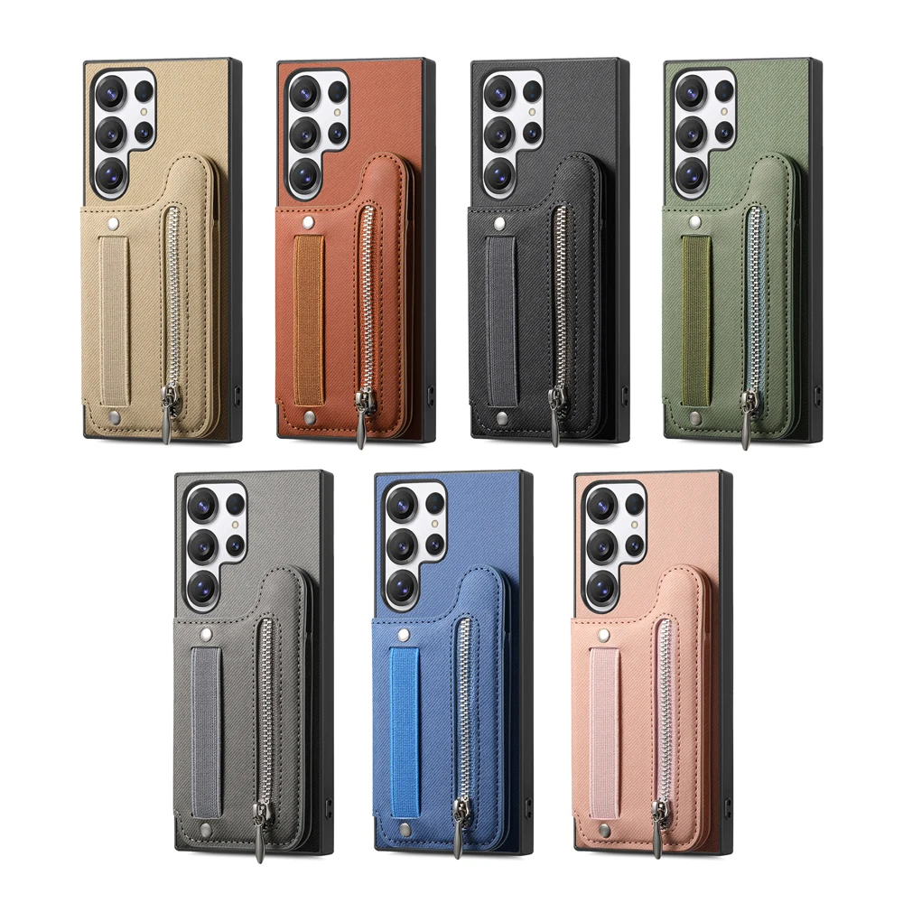 Zipper Card Slot Leather Wallet Case with Elastic Wrist Strap