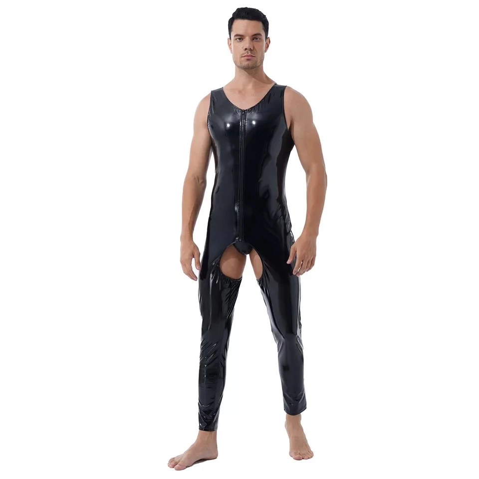 

S-7XL Plus Size Mens Sexy Open Crotch Leather Jumpsuit Erotic Below For Sex Sheath Latex Bodycon Crotchless PVC Leather Bodysuit