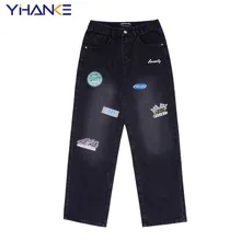 

Embroidered Jeans Men's High Street Hip Hop Straight Leg Pants Trendy Brand Loose Retro Casual Pants Street Men's Мужские джинсы