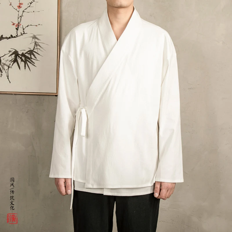 Spring Men Linen Shirt Jacket Men Fake Two-Layer Shirt Vintage Chinese Style Long Sleeve Shirts Male Open Stitch Hanfu