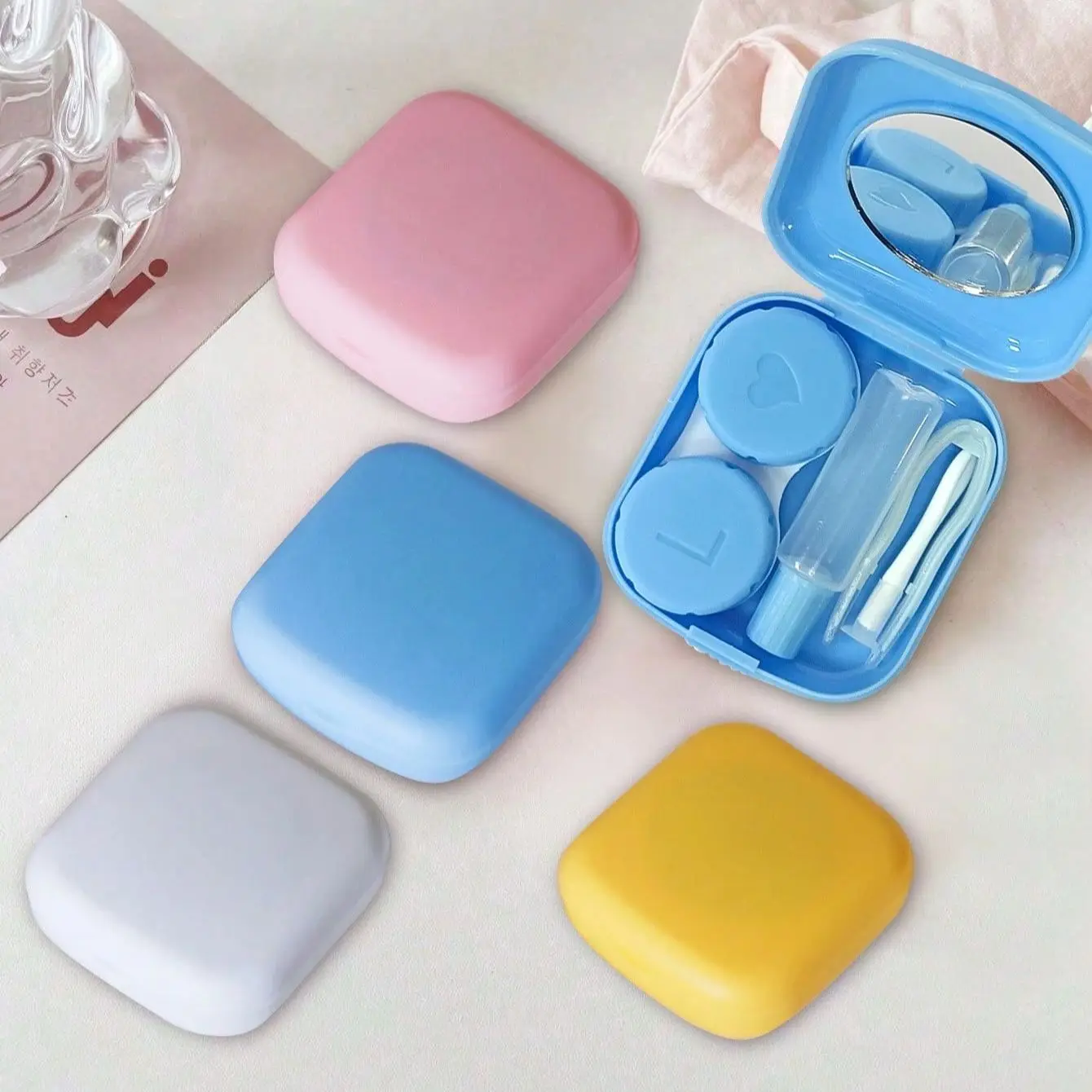 Mini-Etui für Kontaktlinsen, einfarbig, tragbare Kontaktlinsenbox zum Einweichen, Aufbewahrungsset mit Pinzette, Saugstab, Reise-Set-Halter – Detail 3