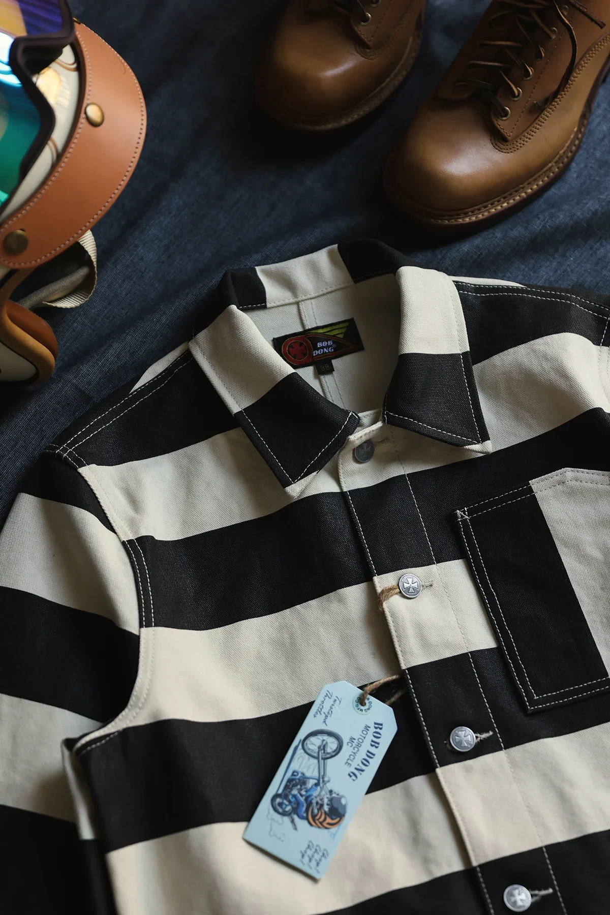 BOB DONG 16oz Canvas Striped Biker Jacket Spring Men Unlined 3-Pocket Chore Coat 6