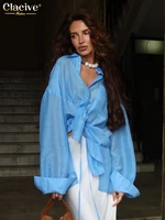Clacive Fashion Loose Blue Women's Blouse 2025 Sexy Lapel Long Sleeve Shirt Elegant Classic Solid Blusas Tops Female Clothing - Image 3