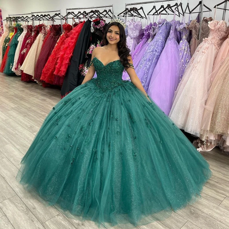 

Emerald Green Ball Gown Quinceanera Dresses V-Neck15 Years Sexy Off-Shoulder 3D Flower Tulle Formal Princess Birthday Gowns