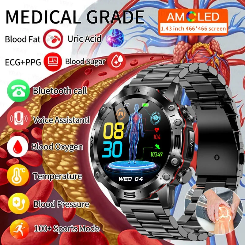 2024 Nuovo Ecg + Ppg Blood Glucose Smart Watch Men Blood Lipids Acido Urico Frequenza Cardiaca Fitness Tracker Orologio Bluetooth Call Smartwatch