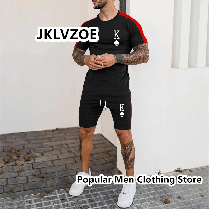 Summer Men's Suit Short Sleeve T-Shirt Suit Print Solid Color 3D Sportswear 2 Pieces Outfit Casual Male Oversized Clothing