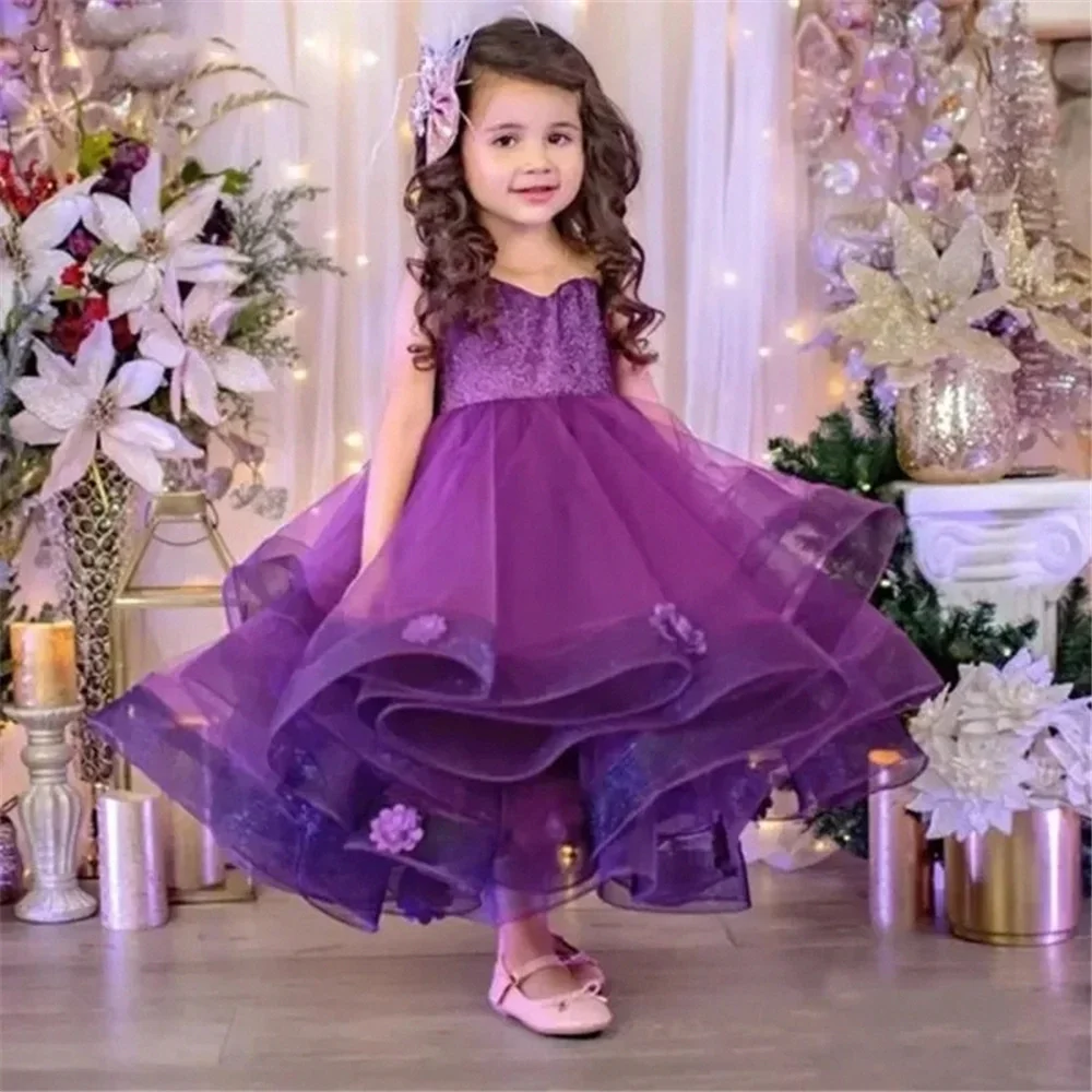

Фиолетовое милое платье с цветочным принтом для девочек, платье без рукавов с аппликацией и бантом для маленьких принцесс, свадебное платье принцессы для дня рождения, платье для первого причастия