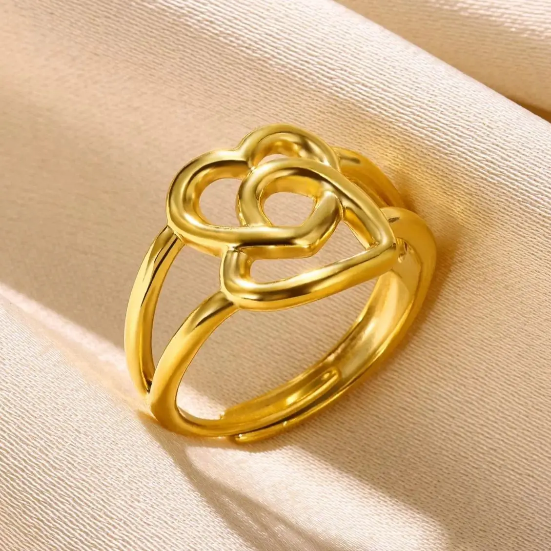 Hollow Double Heart Open Rings For Women Gold Plated Wedding Engagement Ring