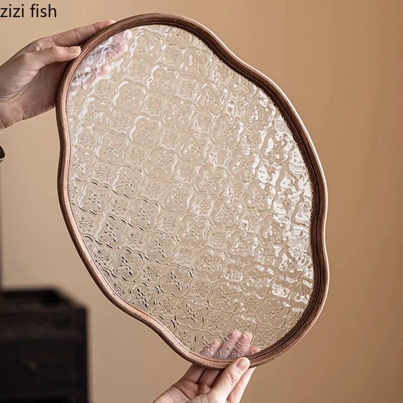Vintage Glass Bamboo Tea Tray Fruit Dim Sum Tray Cake Tray Crabapple Flower Glass Storage Trays Household Storage Container 4