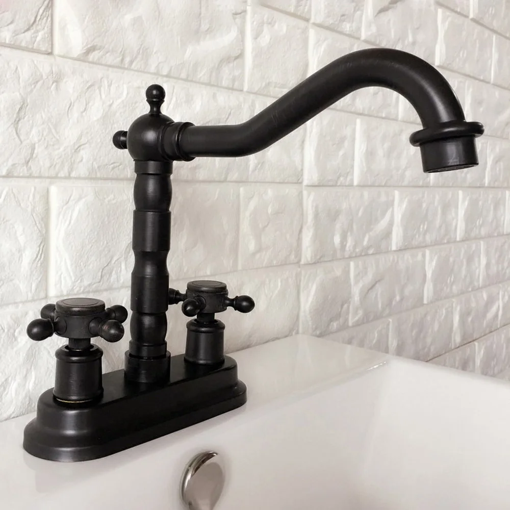 

Black Oil Rubbed Brass Deck Mounted Two Holes Bathroom Vessel Sink Faucet Tap Dual Handle Basin Mixer Taps zhg069