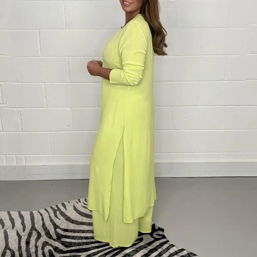 

Женская домашняя одежда, Элегантный женский комплект из топа с V-образным вырезом и широких брюк, мягкий дышащий повседневный наряд с разрезом на подоле