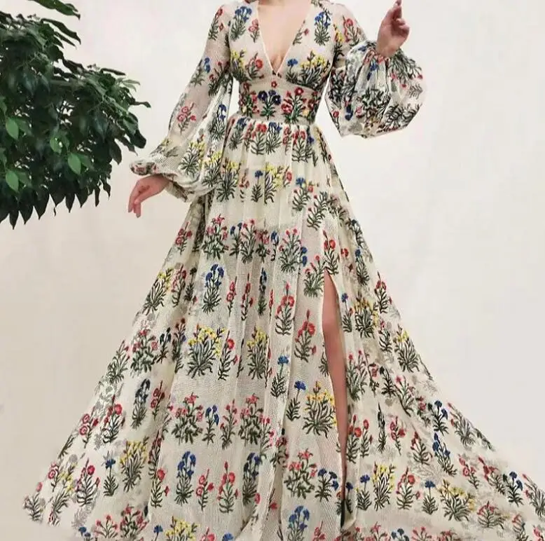 

Summer New Bohemian Sexy V-neck Long Sleeved Split Dress For Women