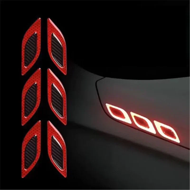 6Pcs Car Reflective Bumper Strips 3D Carbon Fiber Night Safety Driving Tape Secure Reflector Stickers Car Exterior Accessories