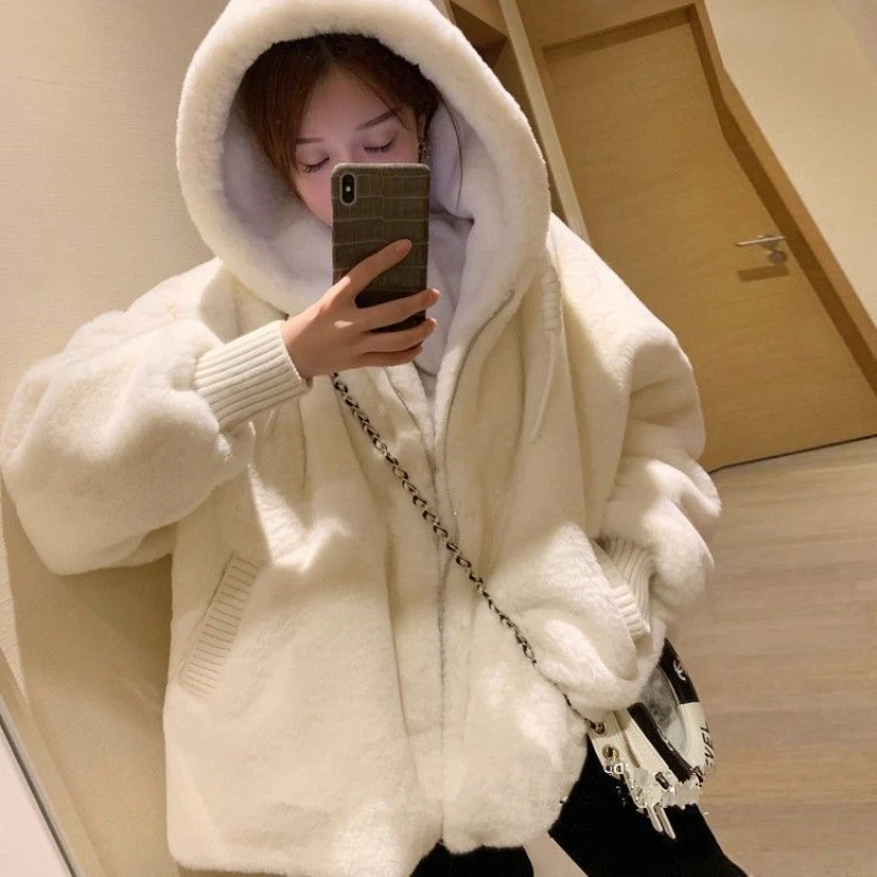 2023 Autumn/Winter Lamb Fur Grass Plush Coat Women's Young Mid Length Hooded Loose Coat  Winter White Coat leopard print coat imitation lamb hair female spring and autumn new style loose thick mid length fur one plush small oversized