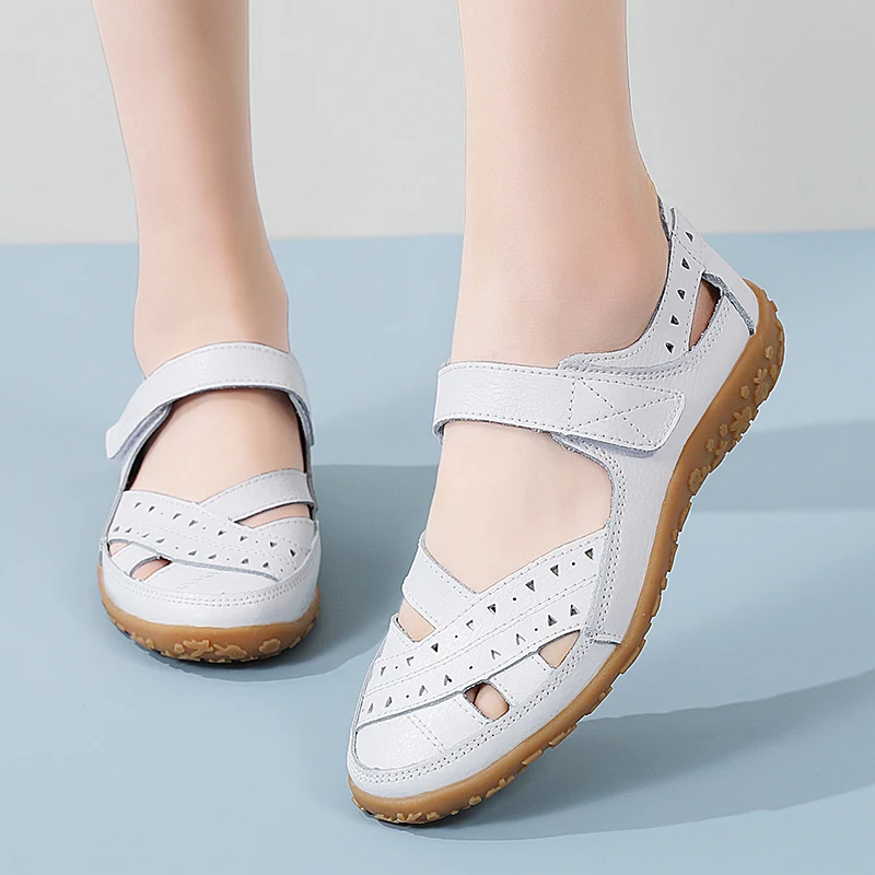 New summer women's shoes large size Roman casual mother shoes leather baotou sandals Velcro hollow cowhide