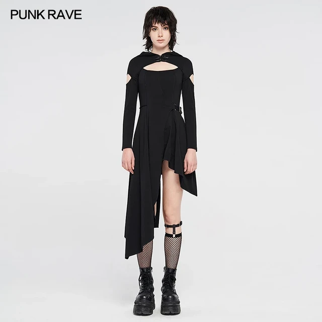 PUNK RAVE Women's Punk Elastic Knit Asymmetrical Long Sleeve Dresses Gothic  Witch Hooded High Waist Daily