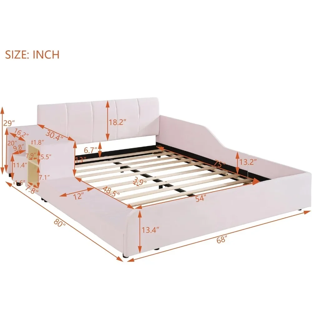 Modern Full Size Upholstered Grounded Bed Mother & Child Bed Velvet Fabric Upholstered Floor Platform Bed with Bedside Desk 2