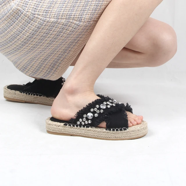 Platform Rhinestone Bridal Straw Sandals Luxury Creepers Shoes Women  Designer Slippers Espadrilles Crystal Wedge Canvas Jewel - Women's Sandals  - AliExpress