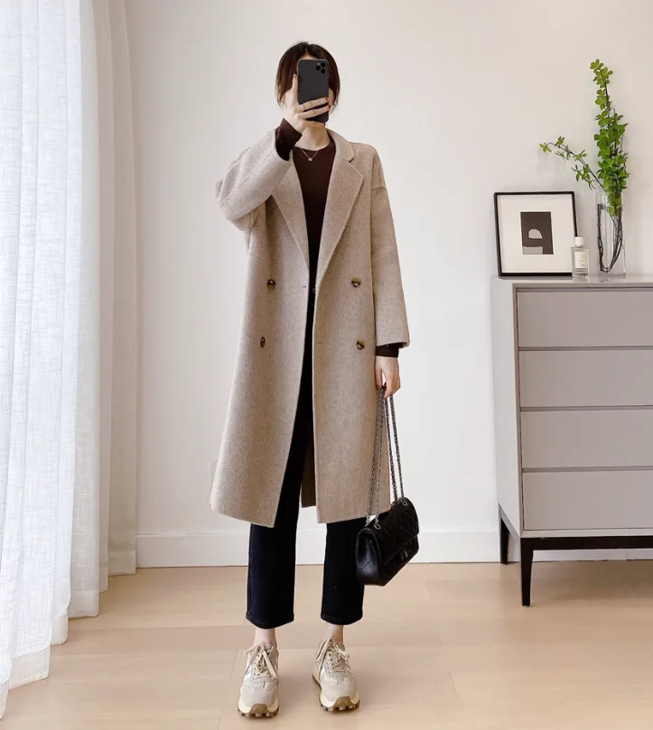 

Promotion 2023 Autumn Women Drouble Breasted Woolen Coat 90% Wool 10% Cashmere Winter Clothes Long Coats Tops
