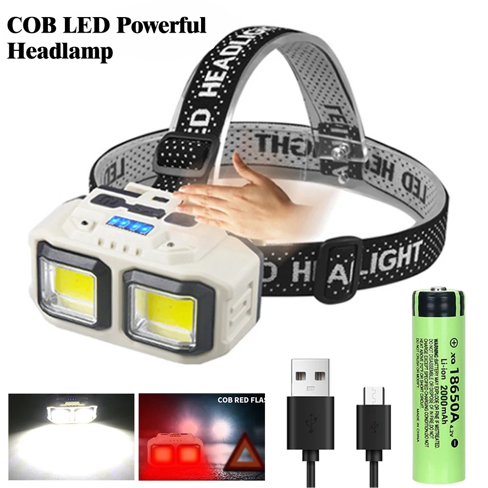 Lampe frontale COB LED puissante rechargeable USB étanche pour pêche nocturne et camping