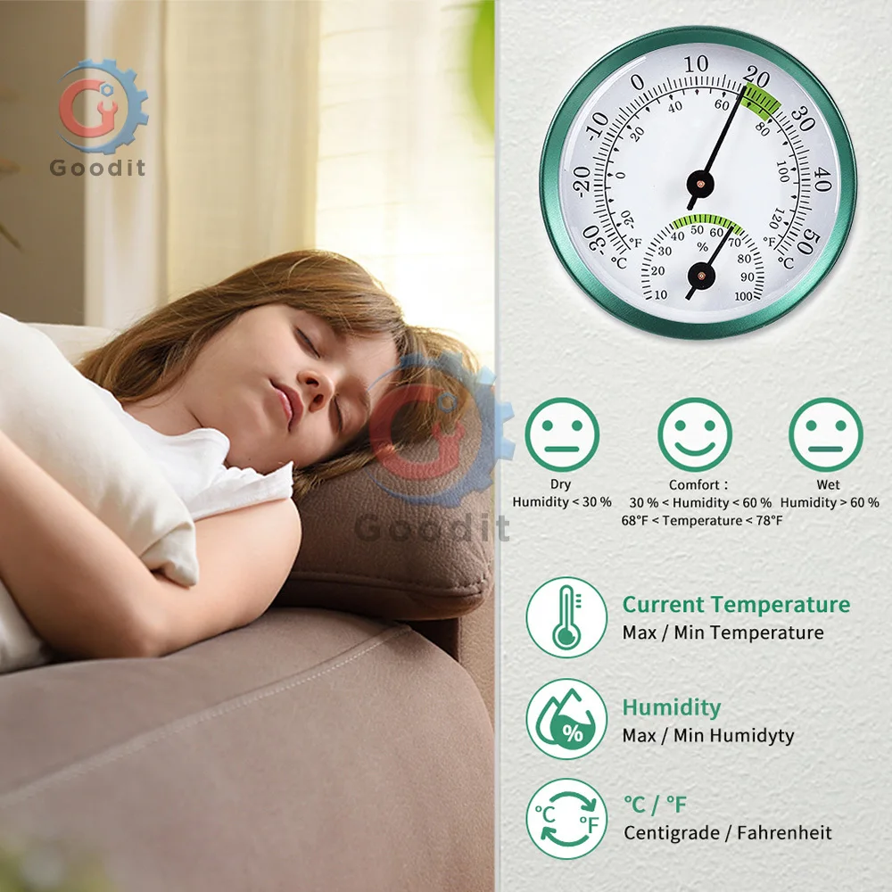 Thermometer Hygrometer 2-in-1 Stainless Steel Thermometer Hygrometer Wall-mounted Auto Measure Thermometer for Home Office Temperature Humidity Meter