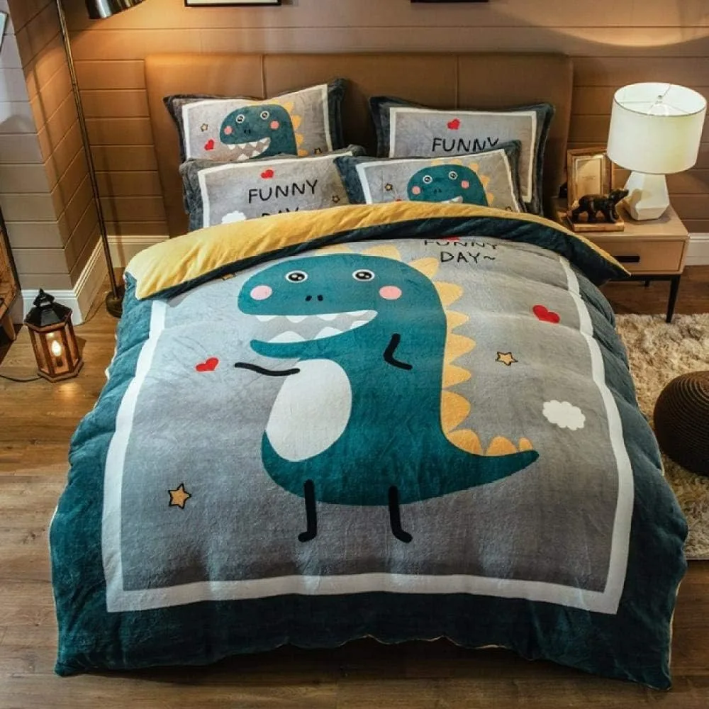 Bedding 4-piece set, flannel 4-piece set, cartoon autumn and winter thick warm duvet set