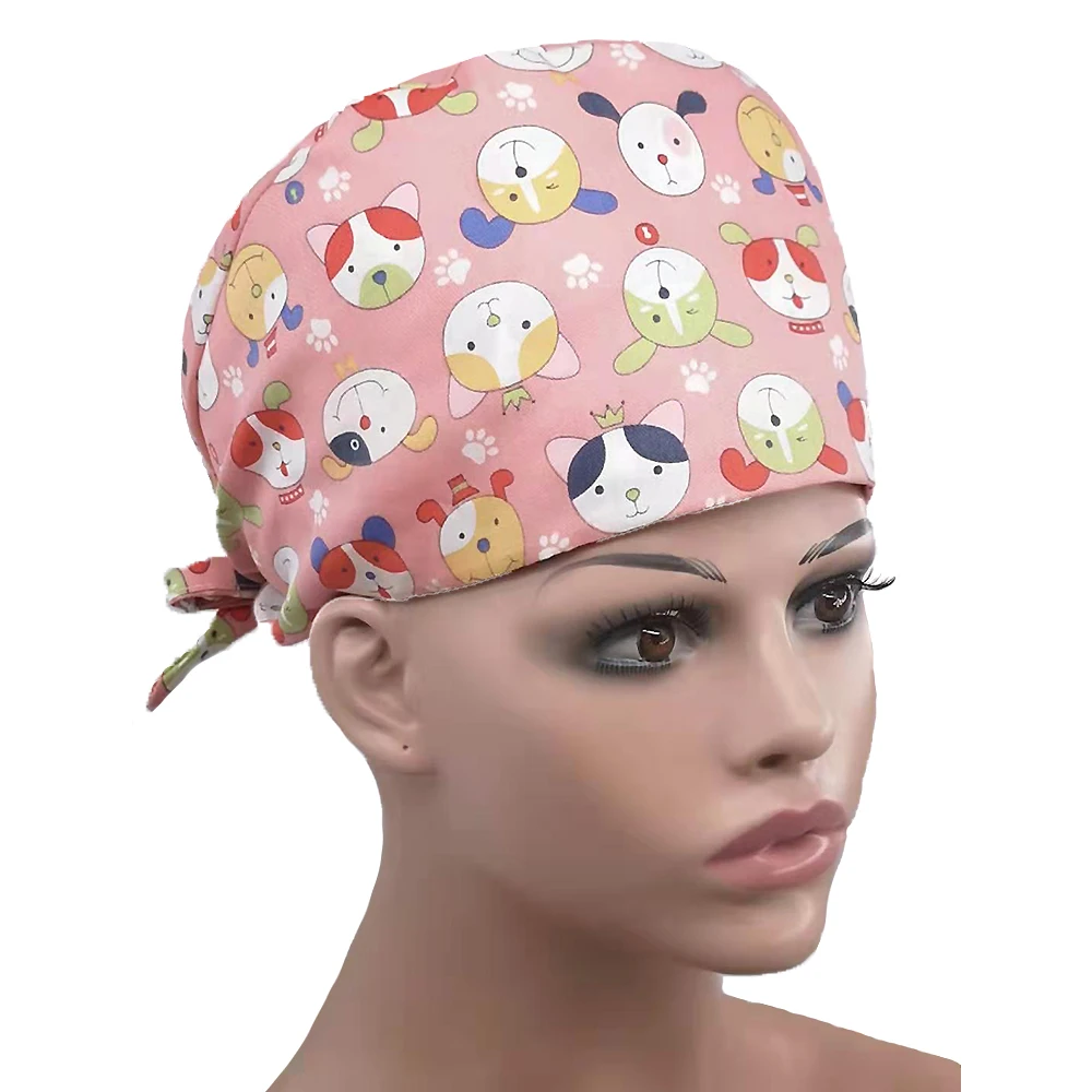 

Cartoon Printing Cotton Scrub Hat Printing Laboratory Work Cap Sweat-absorbent Pet Beauty Work Hats Elastic Pet Caring Caps