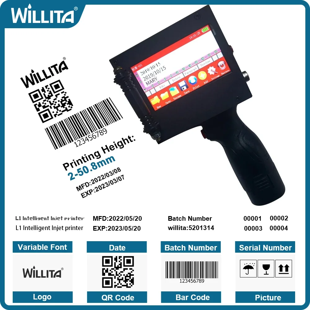 Willita 핸드헬드 잉크젯 프린터 건 50mm, 텍스트용 2개의 속건성 잉크, QR 바코드, 배치 번호, 로고, 유통기한, 라벨 프린터