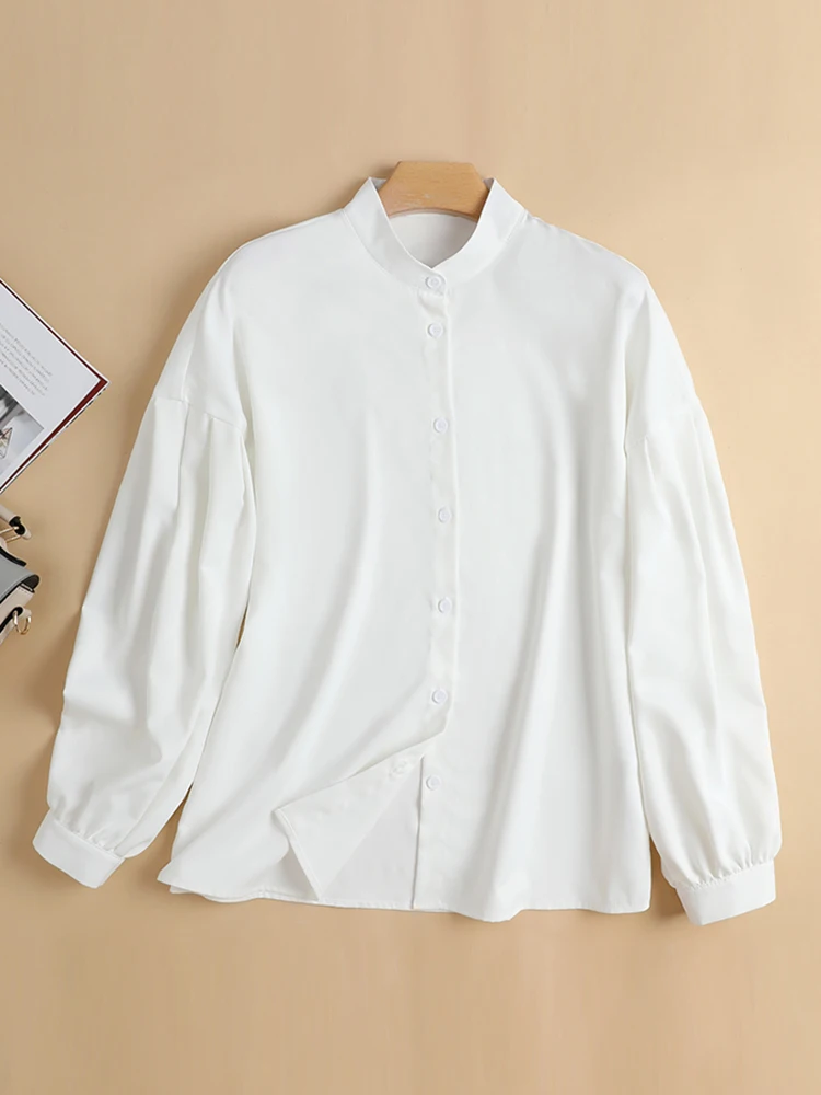 Celmia 2022 Fashion Lantern Sleeve Women White Shirts Summer Casual Stand Collar Solid Blouses Elegant Lady Buttons Tunic Tops