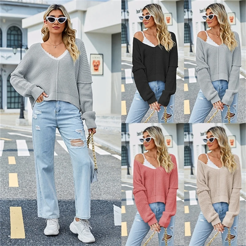 

Women’s Oversized Long Sleeve Sweater Solid Color Sexy V Neck Off Shoulder Knit Drop Shoulder Shirt Pullover Sweaters