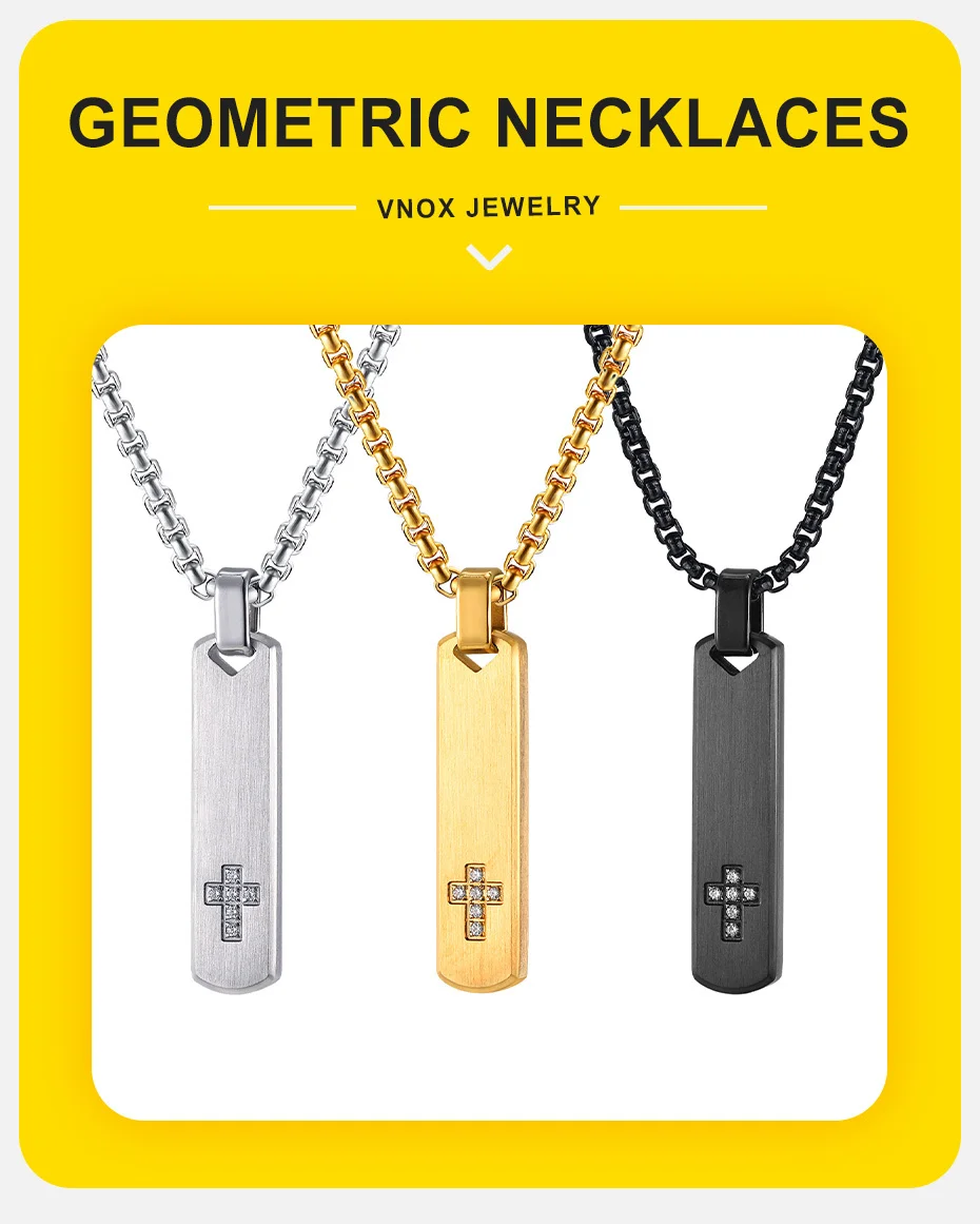 Vnox Vertikal-Bar-Anhänger aus Edelstahl mit Zirkon-Kreuz-Halsketten für Männer, dickes, mattes Metall, schlankes Erkennungsmarken, einfaches Glaube-Geschenk – Detail 2