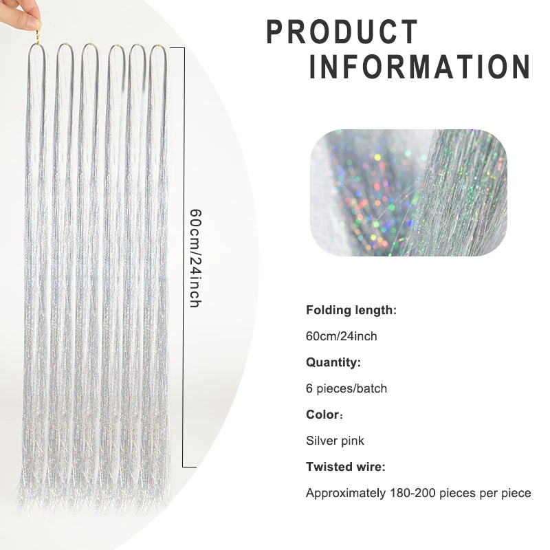 LUPU 24 Inch Hair Tinsel Kit 1200 Strands Glitter Sparkling Shiny Hair Extensions Heat Resistant Tinsel Strands for  Girls 6 Pcs